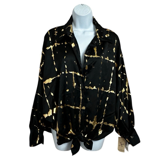 New Collection Black Gold Oversized Blouse Dolman Sleeve Button Front One Size - Picture 3 of 8